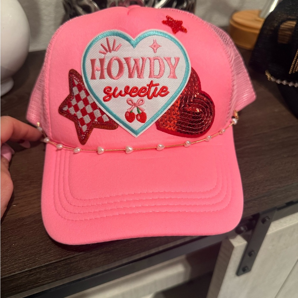 Pink “Howdy Sweetie” Trucker Hat w/ Hearts, Stars & Pearl Detail - Picture 3 of 3